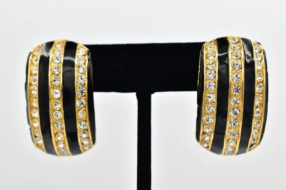 Vintage Crystal Clip On Earrings Black Enamel Rhinestone Gold Chunky 1980s BinBK